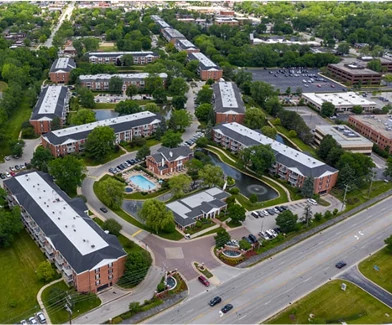 Aerial view of living complex, showcasing integrated access control solutions for multifamily and gated communities