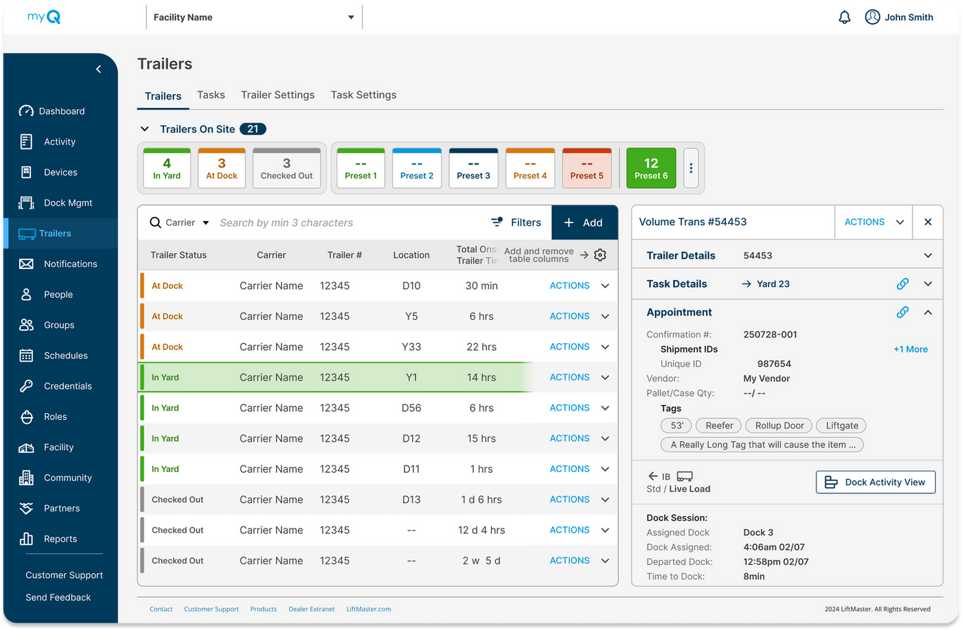 Real-time dock and trailer scheduling operations display