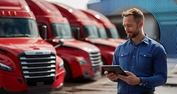 Driver standing near trucks in yard