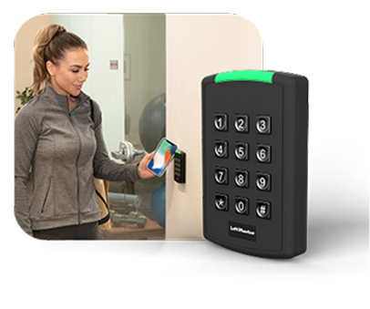 Woman using her phone with a LiftMaster Pinpad to showcase access to the lounge