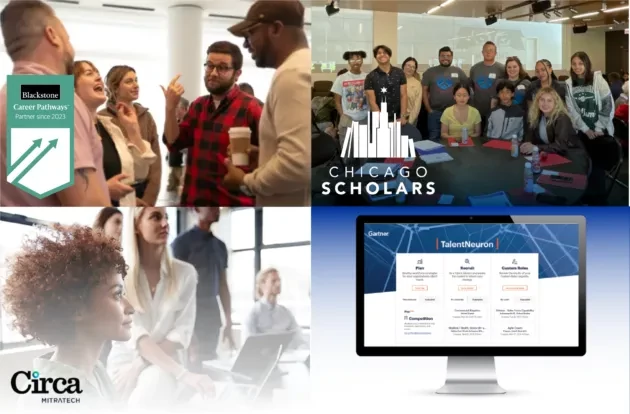 Collage showing diverse professional environments: group discussions, student roundtables, inclusive workplace settings, and digital tools like TalentNeuron.