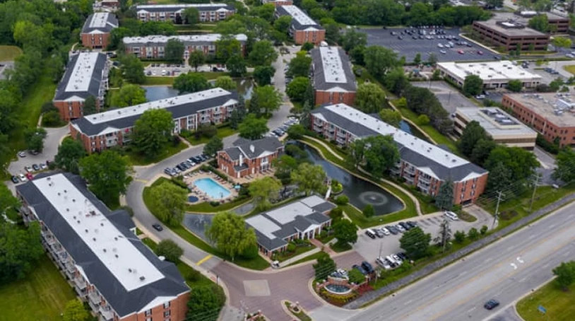 Aerial view of Versailles on the Lakes living complex, featured in a myQ success story