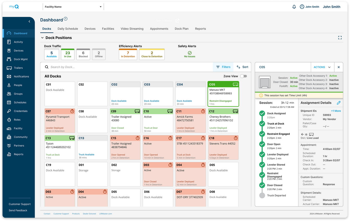 Real-time dock and trailer scheduling operations display