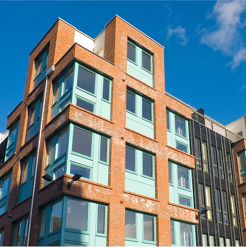 Exterior view of student housing facility, illustrating smart access control for multifamily communities