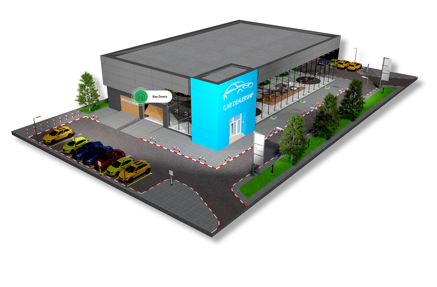 Aerial render of a car dealership, illustrating smart access control solutions for secure vehicle inventory management and service area entry