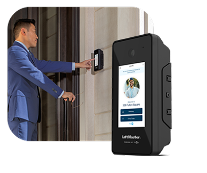 Man interacting with a LiftMaster access control module, showcasing streamlined access management for small business facilities