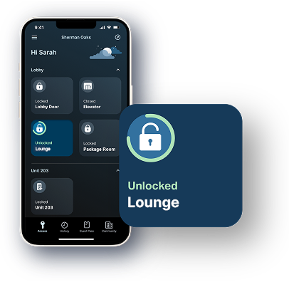 myQ App inferface displaying the interaction with the lounge room and unlocking it