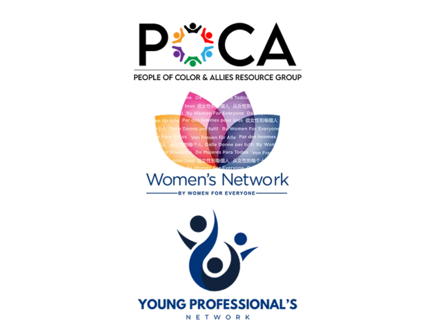Logos of the three Business Resource Groups: POCA (People of Color & Allies Resource Group), Women's Network (By Women For Everyone), and Young Professional's Network.