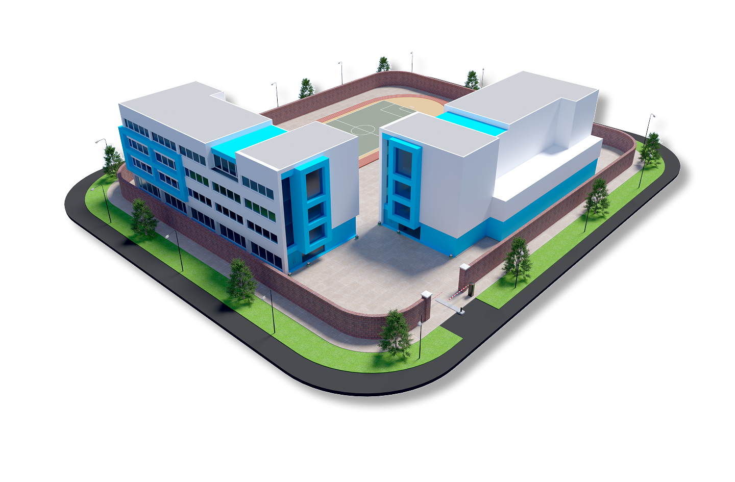 Aerial render of a school campus, illustrating ideal layout for integrated access control across multiple entry points